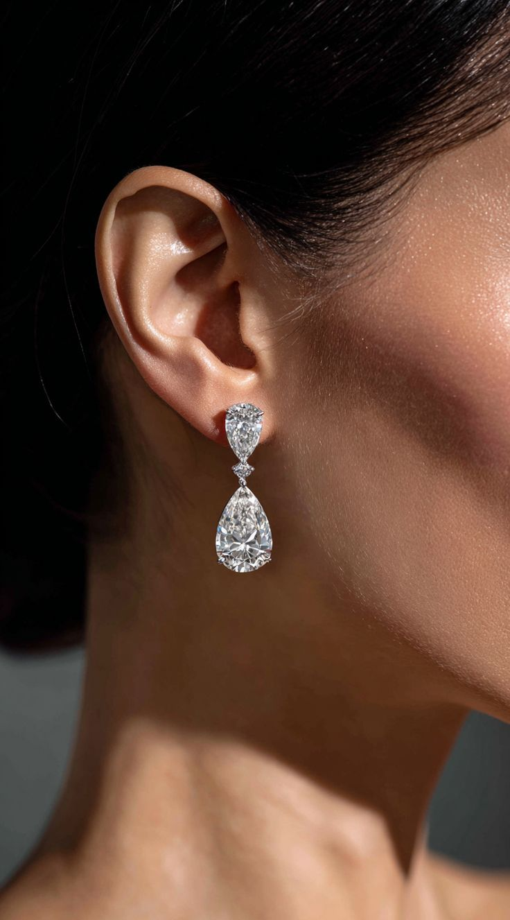 Pear-cut crafted diamond drop earring worn at the ear